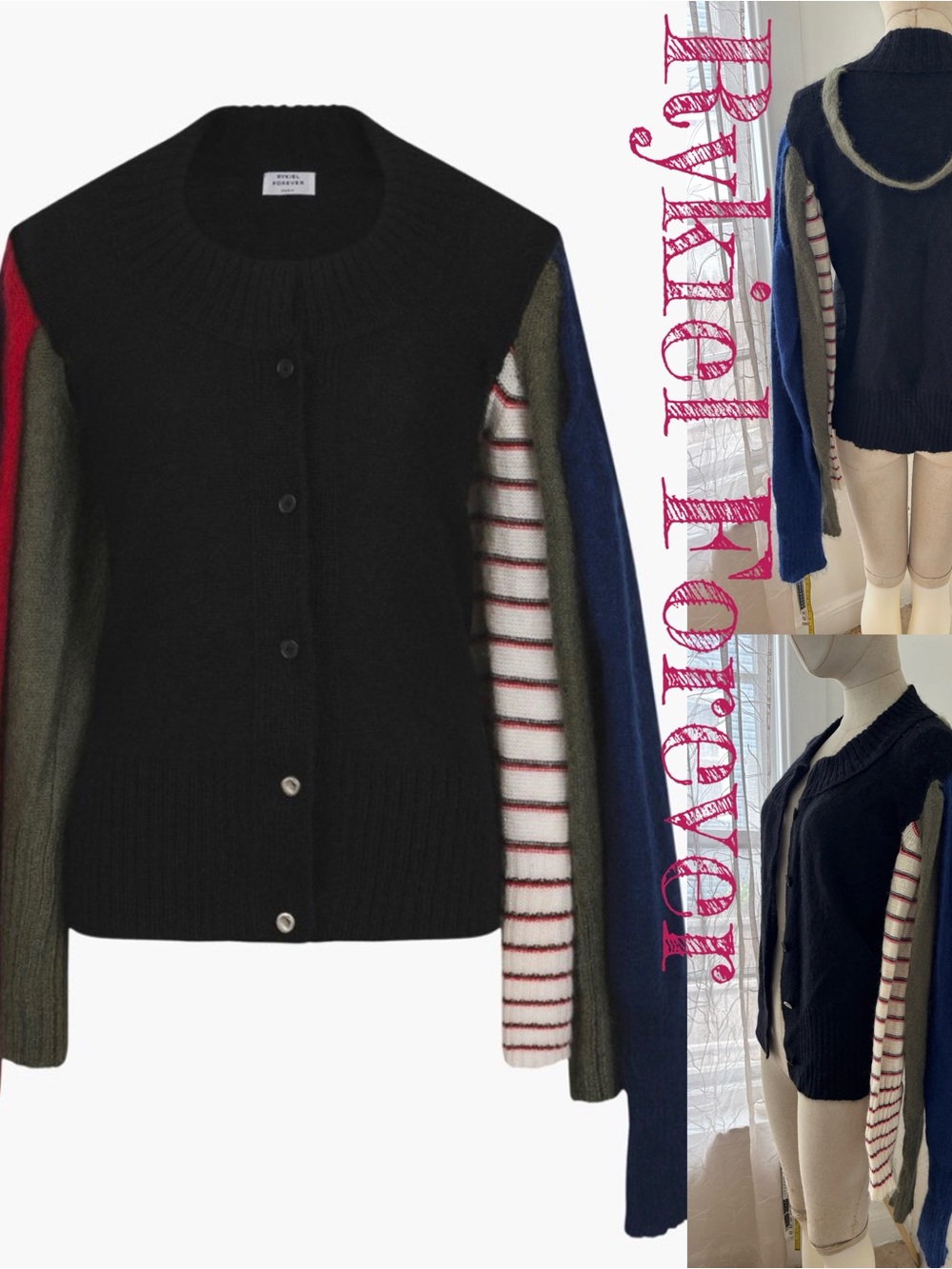 Black Button-Front Colorblock Cardigan with Multicolor Sleeves